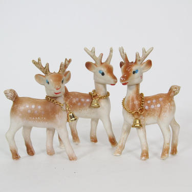 Vintage Kitsch Soft Plastic Rubber Christmas Deer Figurines Reindeer with Bells 