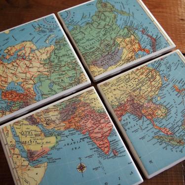 1954 Vintage Asia Map Coasters Ceramic Set of 4. World travel décor. Southeast Asia map. Asian décor. Vintage China map. Asia history gift. 