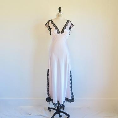 Vintage 1990's Pastel Pink Silk Black Lace Trim Long Nightgown Deep Back V Neckline Bias Cut Negligee Trousseau Willow Blossom Size Large 