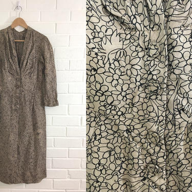 Vintage Brown Dress Abstract Floral Rayon 40s Black MCM Pattern Mid-Century Style 1940s Summer 3/4 Sleeve Meadow Women's Size Small S XS 