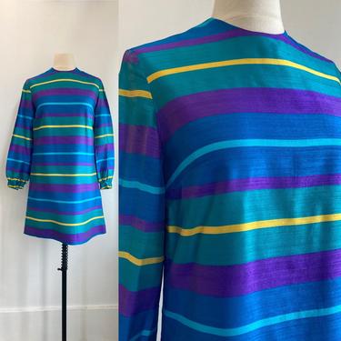 Lux Vintage 60's DOUPIONI SILK Mod MINI Tent Dress / Stripes of Saturated Colors / Joan Elson 
