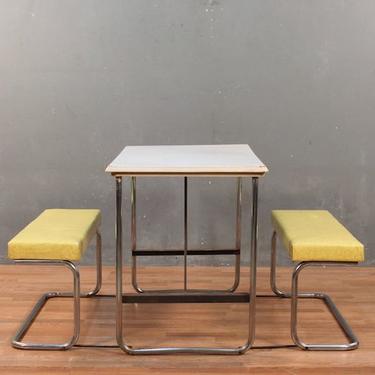 Atomic Enamel Kitchen Table with Fold-Out Yellow Vinyl Benches – ONLINE ONLY
