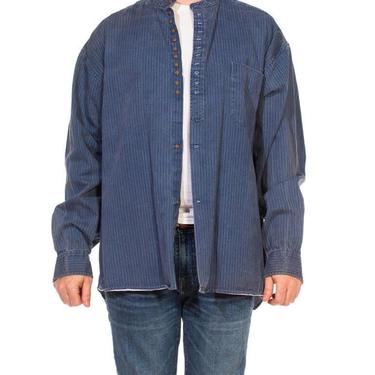1970S Denim Blue  Black Striped Cotton Flannel Banded Collar Men's European Workwear Shirt 