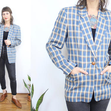 Vintage 80's 90's Anne Klein Blue Plaid Linen Blazer / 1990's Plaid Slim Fit Blazer with Pockets / Women's Size Small Medium 