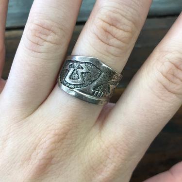Vintage Asymmetrical Sterling Silver Statement Ring Mushroom Print Unique Lettering and Design Retro 