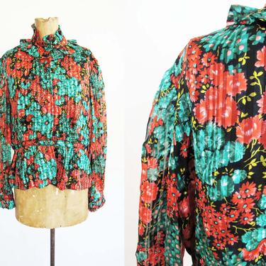 Vintage 80s Silk Ruffle Blouse M - 1980s Red Black Green Floral Ruffle Neck Shirt - High Neck Button Up Peplum Shirt - Frilly Blouse 