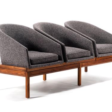 Three (3) Seat Modular Bench Attributed to Arthur Umanoff in Walnut & New Charcoal Tweed Upholstery 