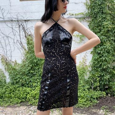 GEOFFERY BEENE 90s Black Lurex Lace + Sequin Halter Mini Dress