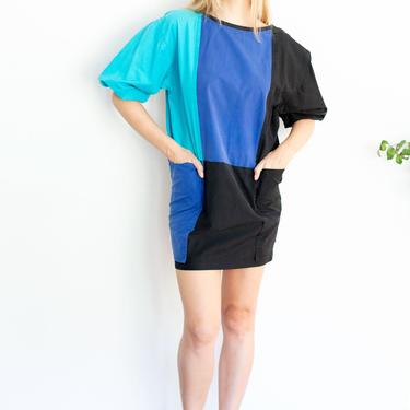 Vintage Yves Saint Laurent 1980s Cotton Puff Sleeve Color Block Mini Dress with Pockets + Buttons up Back YSL S M Blue Navy Black 