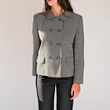 Vintage 80s Jones New York Houndstooth Cropped Double Breasted Jacket | Made in USA | 100% Wool | Gold Crested Buttons | 1980s Designer Coat 