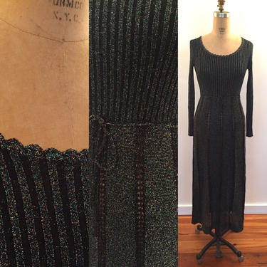 70s rainbow metallic thread black knit dress 