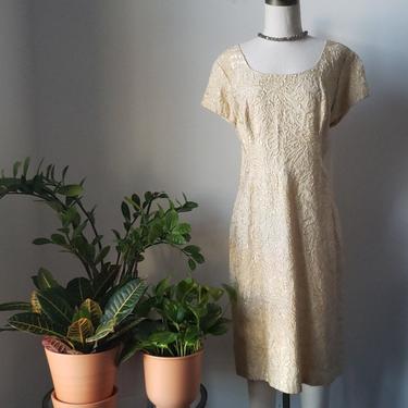 Vintage 70s Party Cream &amp; Gold Frank Jelleff Dress | New Years Dress 