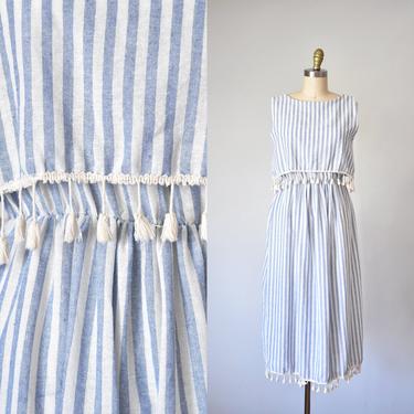 Ife stripe tassel linen dress, 80s stripes vintage dress, sustainable clothing women, summer dress 