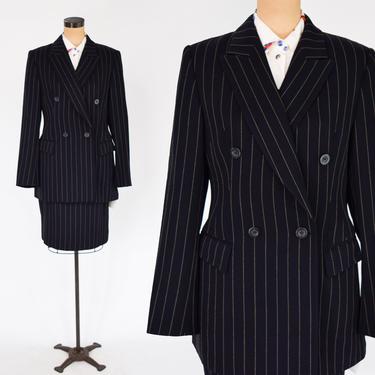 1980s Black 100% Wool Suit | 80s Black Pinstripe Skirt Suit | Laurèl | Medium 