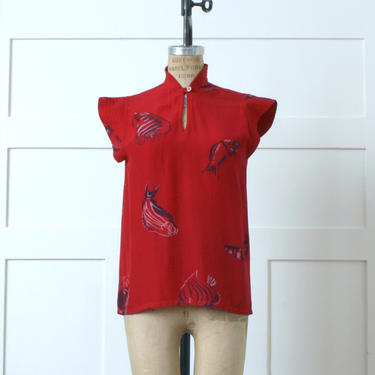 vintage womens Hawaiian shirt • red rayon tropical fish print blouse with flared sleeves & tall collar 