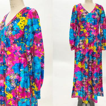 Vintage 1970s Psychedelic Watercolor Floral Print Maxi Dress, 70s Maxi Dress, Vintage Boho Hippie, 70s Bishop Sleeves, Size M/L by Mo
