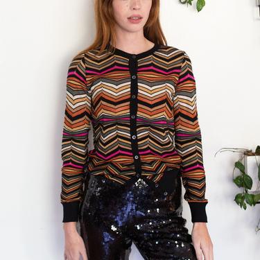 Vintage Missoni Zig Zag + Rainbow Striped Knit Cardigan Sweater Button Up XS S M 90s Y2K Multicolor M by Missoni 