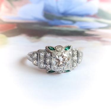 Vintage Art Deco 1930's .95 ct t.w. Diamond With Green Accent Stones Engagement Ring Platinum 
