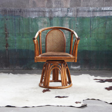 RARE! Stunning Mid Century 70s BOHO Swivel Bucket Chair Wicker Rattan Bamboo Sculptural McM Danish Post Modern 