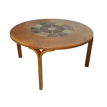 Round Teak Dining Table with Tile Center Haslev Danish Modern 