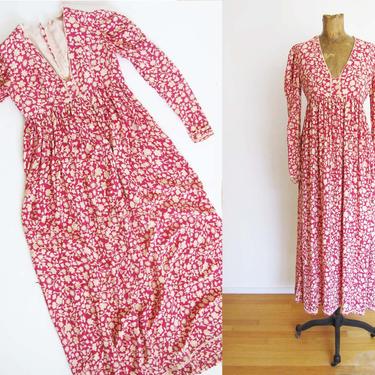 Vintage 60s Maxi Dress XS - 1960s Pink Rayon Long Sleeve Maxi Sundress - Juliet Sleeve Empire Long Dress - 1960s Boho Hippie Dress 