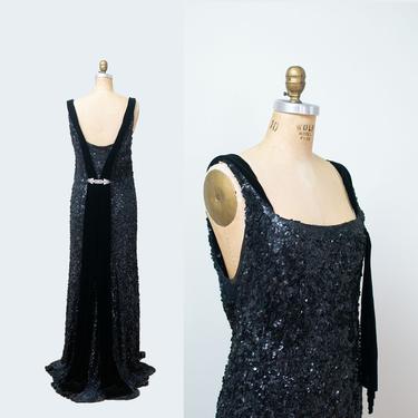 1930s Black Sequin Dress / 20s  30s Evening Gown Old Hollywood Art Deco 