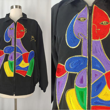 Vintage Eighties Picasso Jacket - 80s Black Women's Large Mighty Soutache Colorful Picasso Woman Zip Up Jacket 