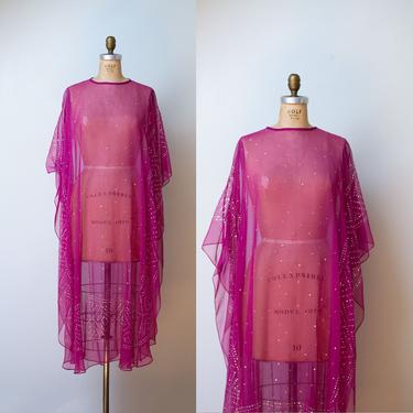 1970s Magenta Caftan / 70s Sheer Glitter Flutter Sleeve Tunic Dress 