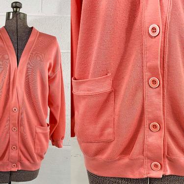 Vintage Salmon Pink Bobbie Brooks V-neck Cardigan Sweater Made in USA Rib Knit Long Sleeve Button Front Buttons Basic 1980s 80s Large XL XXL 