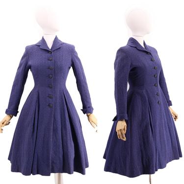 50s rayon tweed princess coat S P  / vintage 1950s BLOCK BELLE flecked wide sweep tailored dress coat small petite 
