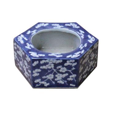 Chinese Blue & White Porcelain Blossom Graphic Hexagon Bowl Container cs3787E 