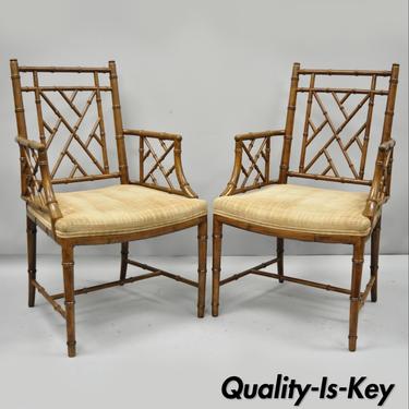 Pair Faux Bamboo Chinese Chippendale Fretwork Armchairs Hollywood Regency Chairs