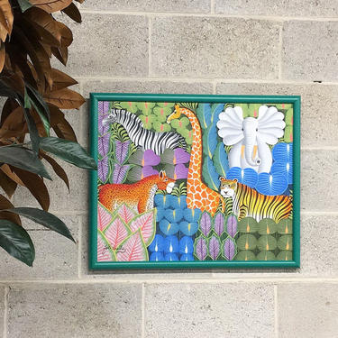Vintage Painting 1990s Retro Size 21x26 Joel Gauthier + Animals + Jungle + Plants + Acrylic on Canvas + Green Wood Frame + Home + Wall Decor 