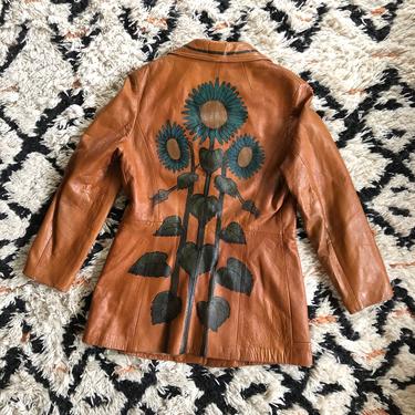 70s hand painted caramel leather jacket / vintage 1970s art to wear custom sunflower jacket blazer sz L 