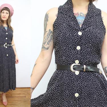 Vintage 90's Black and White Polka Dot Midi Dress / 1990's Minimalist Dress with Pockets / Spring Summer / Women's Size Small by Ru