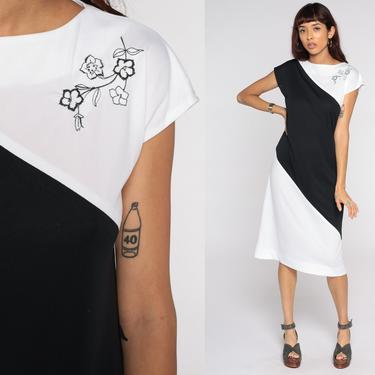 Color Block Dress Black White Midi Dress 80s Cap Sleeve Floral Embroidered Graphic Party Dress Shift Vintage 1990s Retro Medium 