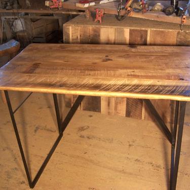 Reclaimed wood standing work desk with industrial metal base 