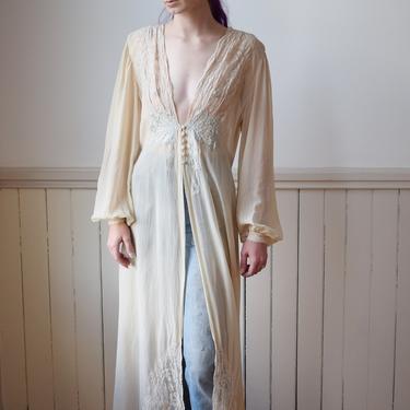1940s Silk and Lace Dressing Gown | M/L | Vintage Sheer Silk Robe with Bishop Sleeves, Plunging Neckline, Blue Silk Satin Bow Details 