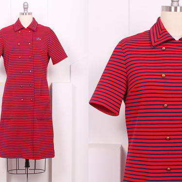 Vintage 1980's Lacoste Red &amp; Navy Striped Dress • 80's Izod Tennis Dress • Size XL 