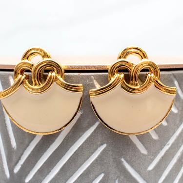 Vintage 1990s Ivory & Gold Earrings - Enamel Elegant Large Statement Earrings 