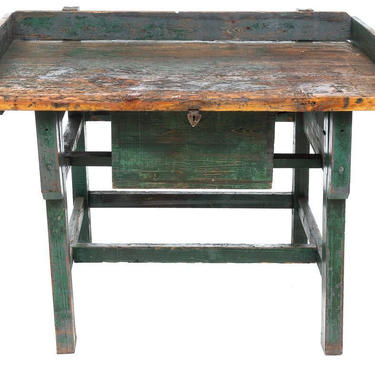 19th Century Rustic Distressed Green Painted Industrial Work Bench Table 