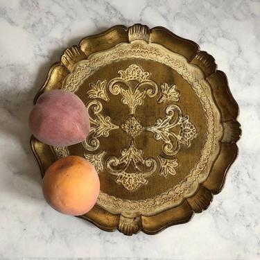 Vintage Florentine Tray, gold wood tray, lightweight wood serving tray, gold leaf tray, carved tray, vanity tray, gift for her under 30 