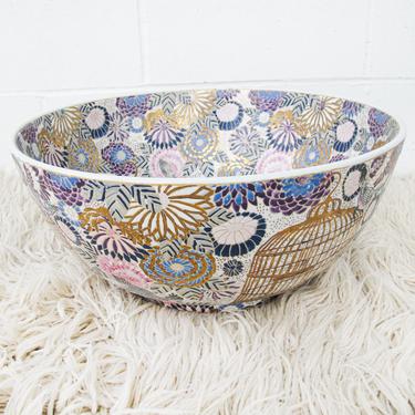 Extra Large Hand Painted and Etched Chinois Bowl Chinoiserie Ceramic Bowl - Made in China 