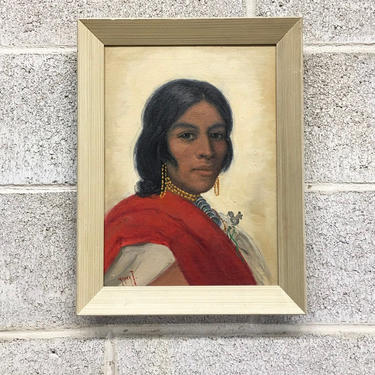 Vintage Portrait Painting 1980s Retro Size 16x12 Reproduction + Jose Yepez Arteaga + South American Native + Woman + Oil Paint + Wall Decor 