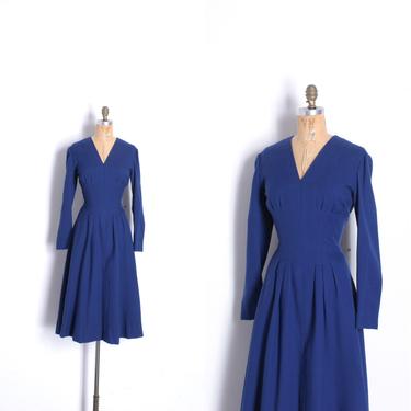 Vintage 1980s Dress / 80s Pauline Trigere Wool Crepe Fit and Flare Dress / Blue ( XL extra large ) 