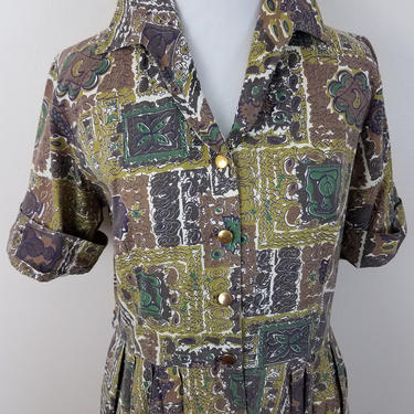 Vintage 1950's Shirtwaist Dress / 60s Cotton Day Dress L/XL 