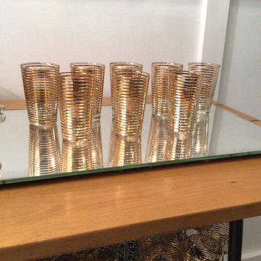 4 oz Shooter Glasses,  22 kt Gold Ring Bands striped Barware, Whiskey Double Shot juice glasses |  Deco Mid Century barware Set of 8 