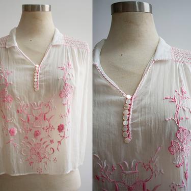 White Cotton Embroidered Blouse / Vintage Embroidered Blouse / Pink Embroidered Floral Blouse / 1940s Embroidered Blouse /  Folky Blouse 
