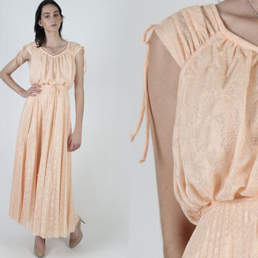 Vintage 70s Grecian Long Peach Draped Dress 1970s Goddess Boho Orange Floral Bridal Disco Party Sheer Womens Shoulder Tie Maxi Dress 
