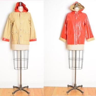 vintage 70s raincoat vinyl jacket beige red reversible slicker M L hooded coat clothing 